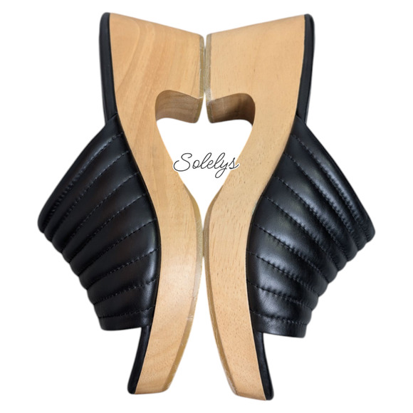 Beklina Ribbed Black Leather Open Toe Wooden Platform Clogs Mules Womens 10 - Picture 9 of 10
